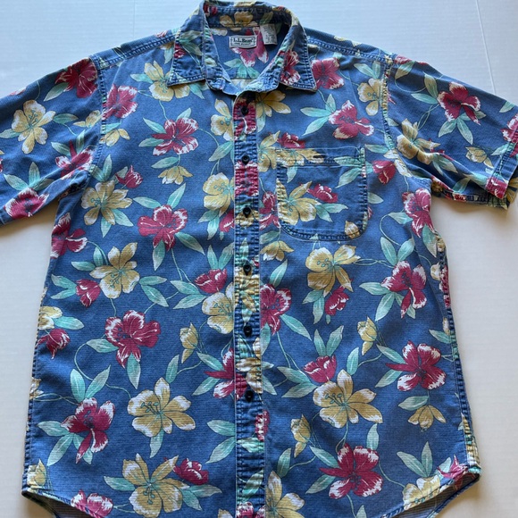 Vintage L.L. Bean Cool Weave Hawaiian Floral Print Short Sleeve Shirt M - Picture 3 of 12